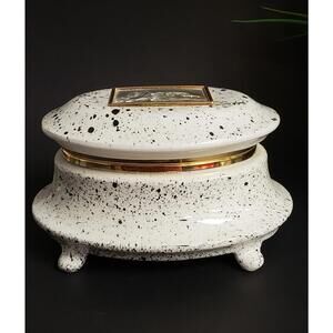 Vintage Italian 3D Metal Art Hinged Lid Speckled Ceramic Footed Oval Trinket Box